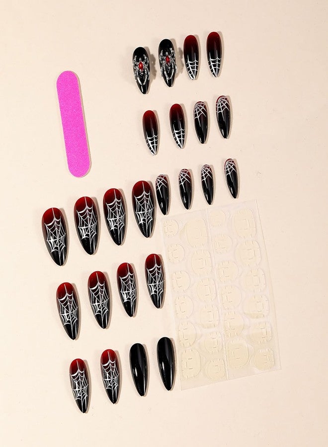 GRITOSE 24 Pcs Goth Almond Press on Nails Medium Halloween Fake Nails Red Black False Nails with Spider Web & 3D Spider Design Acrylic Goth Nails Press ons Holiday Stick on Nail for Women Spider Nail - Image 2